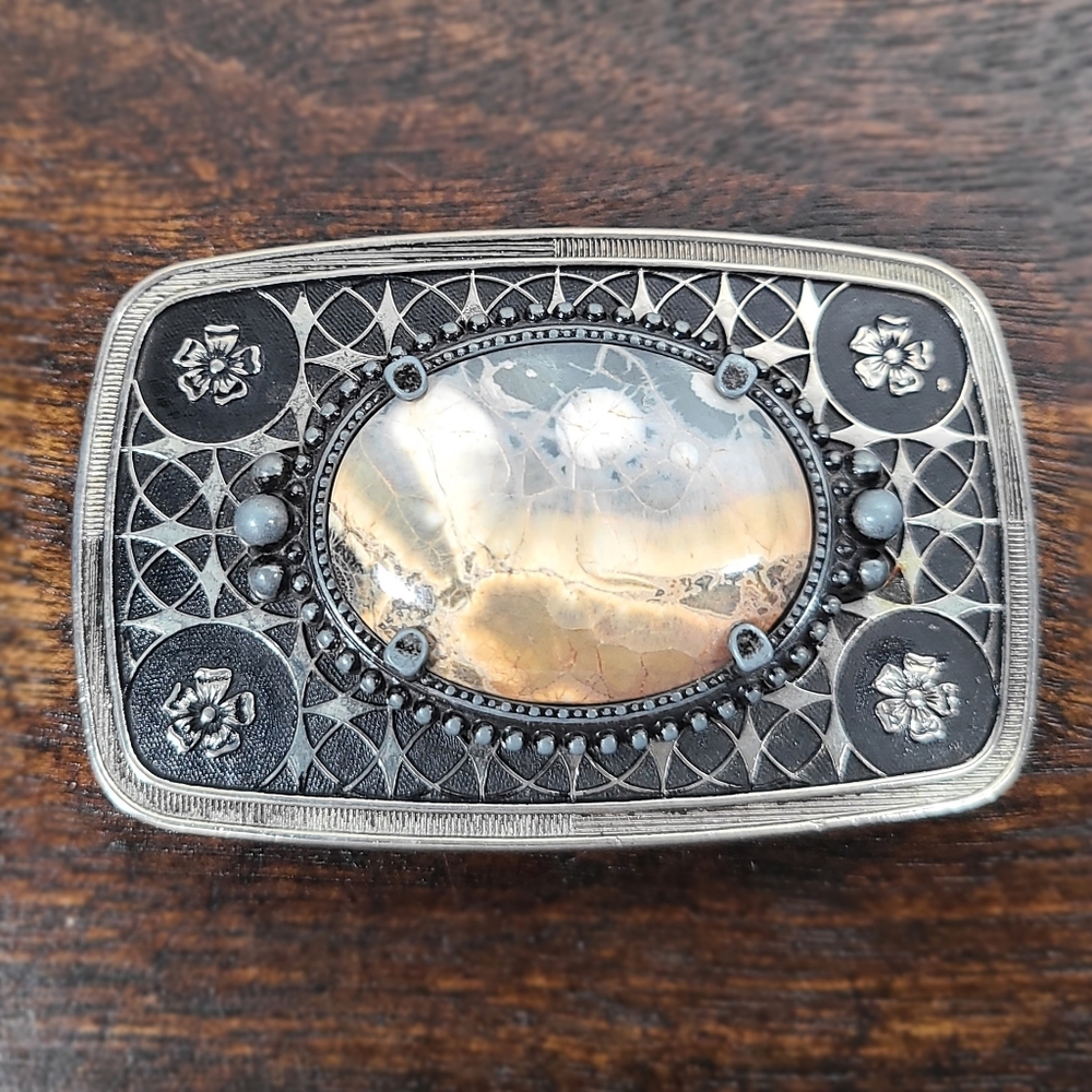 Vintage Belt Buckle Western Filigree Star Flowers Lace Agate Cabochon